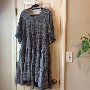 JODIFL v-neck empire waist  medium blue, black & white tiered dress.